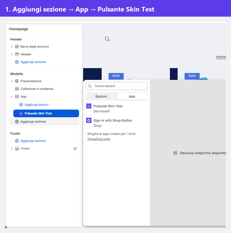 Aggiungi sezione, App, Pulsante Skin Test, impostazioni, Salva