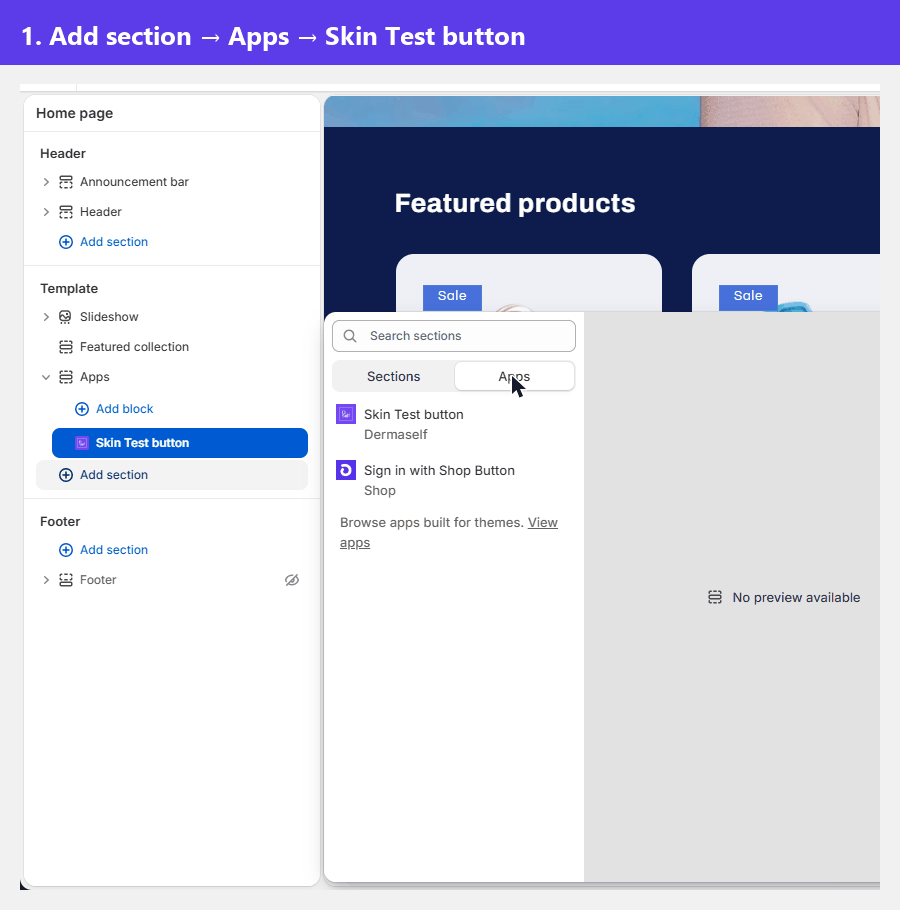 Add section, Apps, Skin Test button, settings, Save