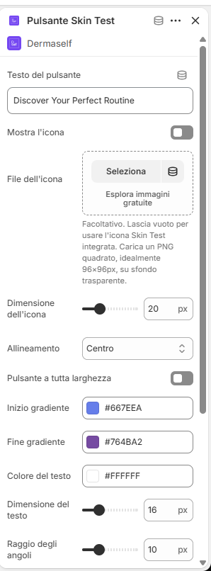 Impostazioni del blocco Pulsante Skin Test