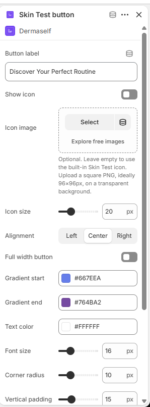Skin Test button block settings
