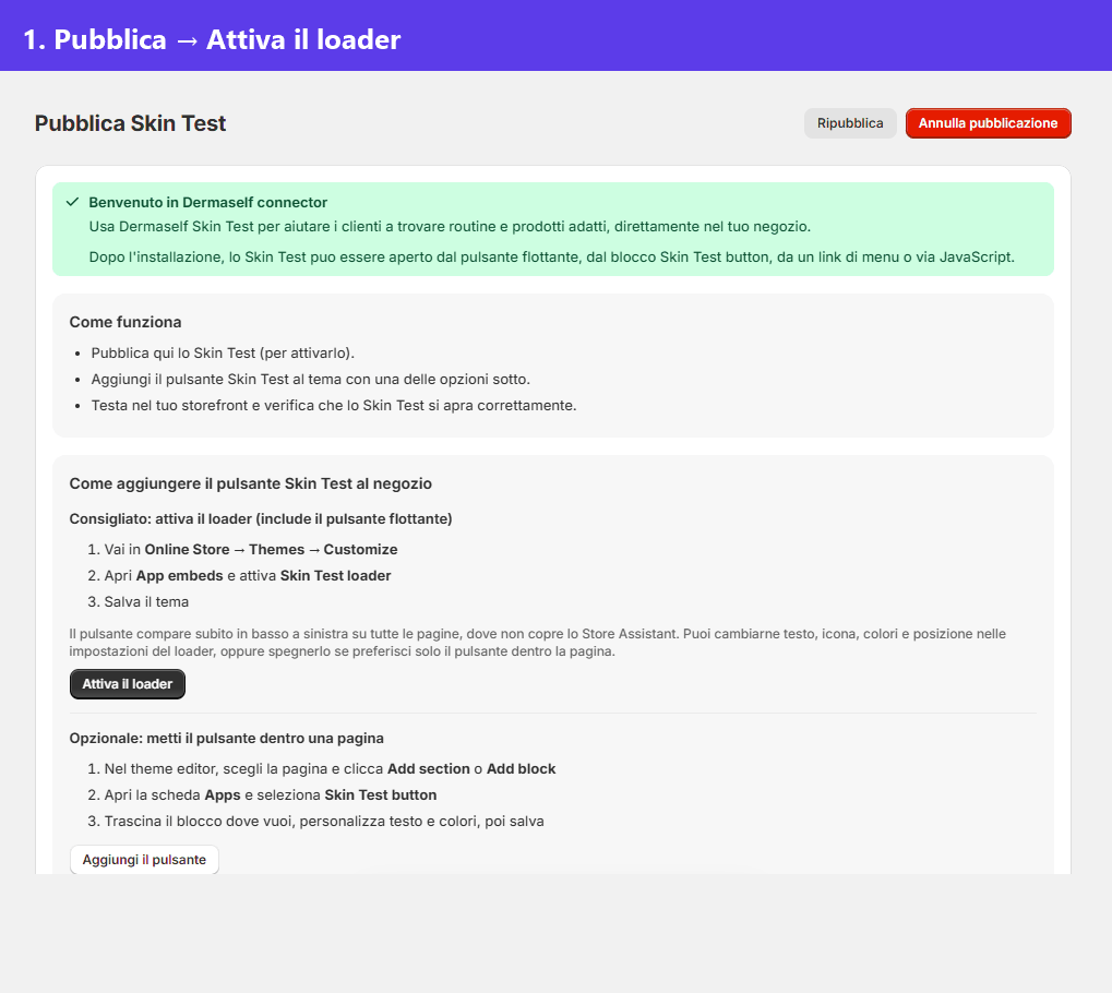 Attiva il loader dalla pagina Pubblica, accendi Loader Skin Test negli Incorporazioni app, poi Salva