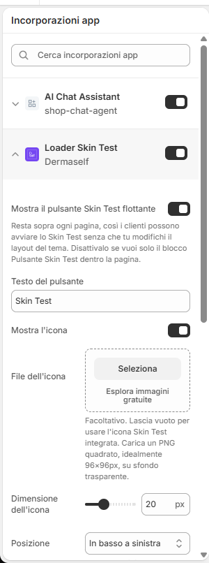 Impostazioni del Loader Skin Test con Mostra il pulsante Skin Test flottante