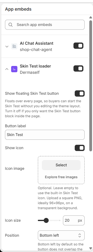 Skin Test loader settings with Show floating Skin Test button