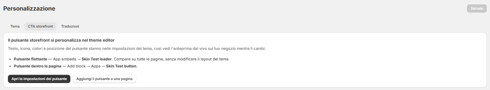 Tab CTA storefront con i link all’editor del tema