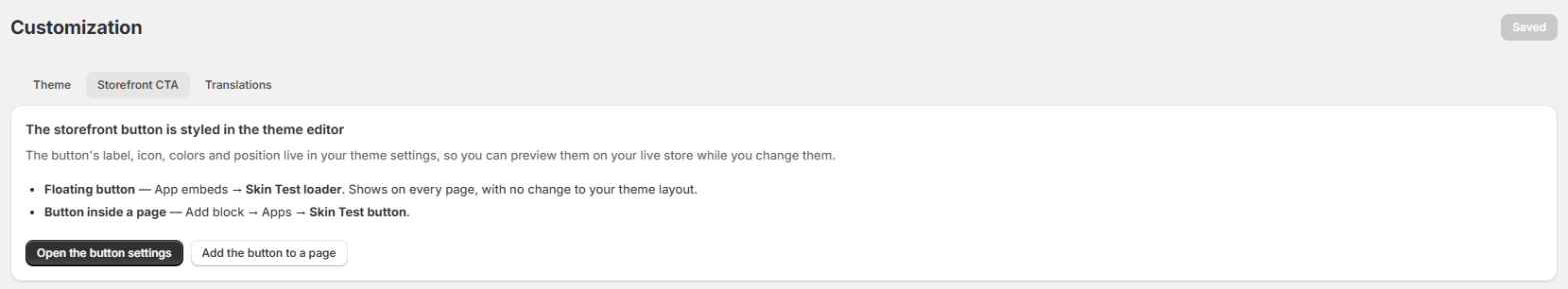 Storefront CTA tab with the links to the theme editor