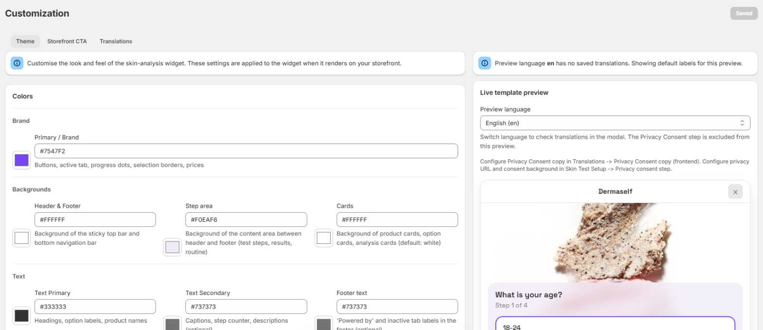 Theme tab with colors, logo and live preview