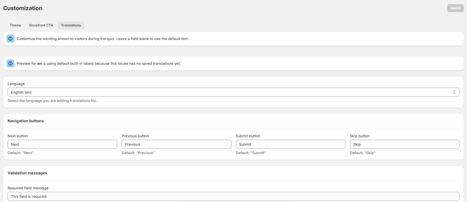 Translations tab with the language selector