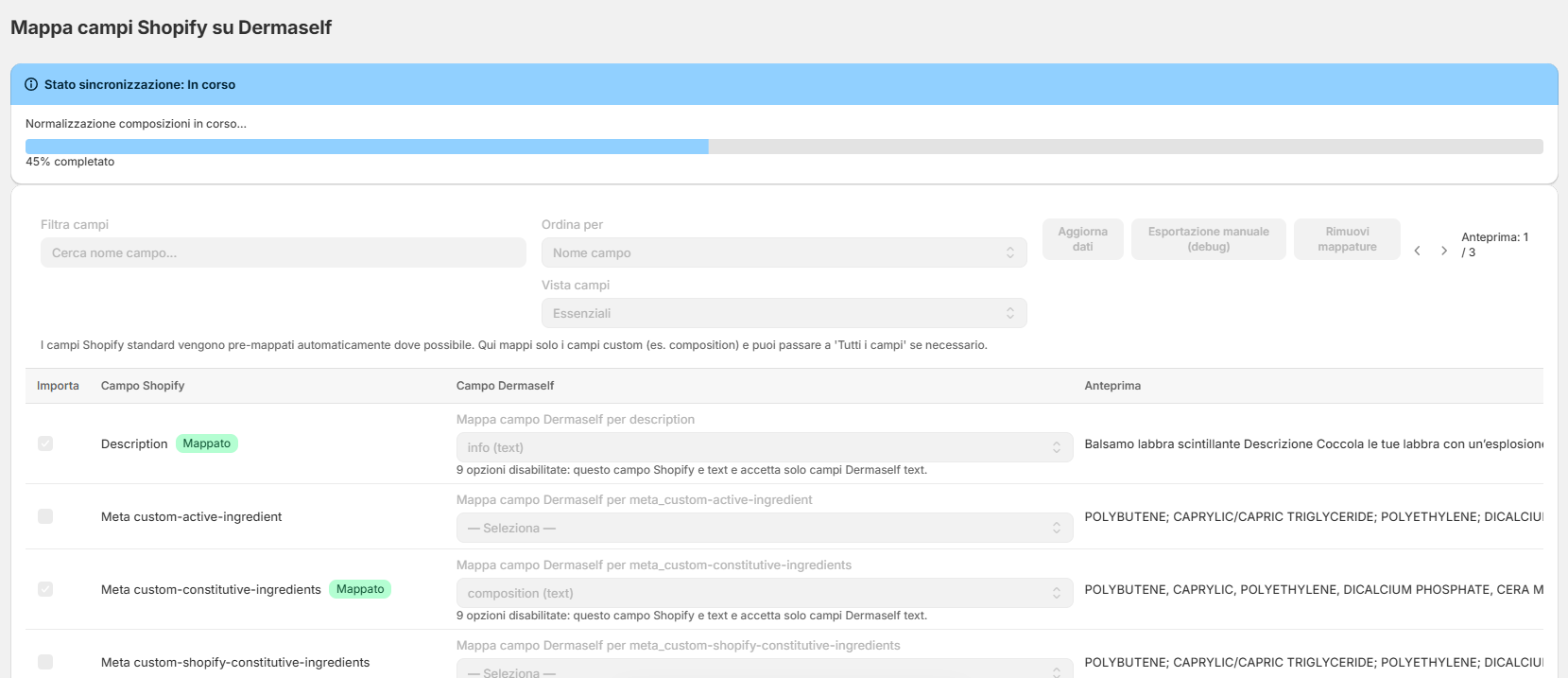 Mappatura campi con campi Shopify, campi Dermaself e anteprima