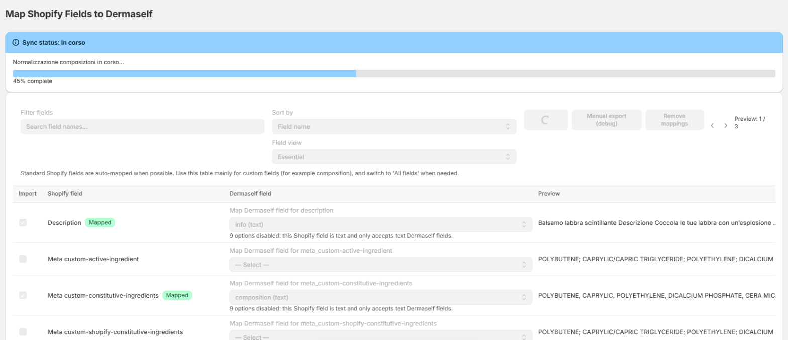 Field Mapping with Shopify fields, Dermaself fields and preview