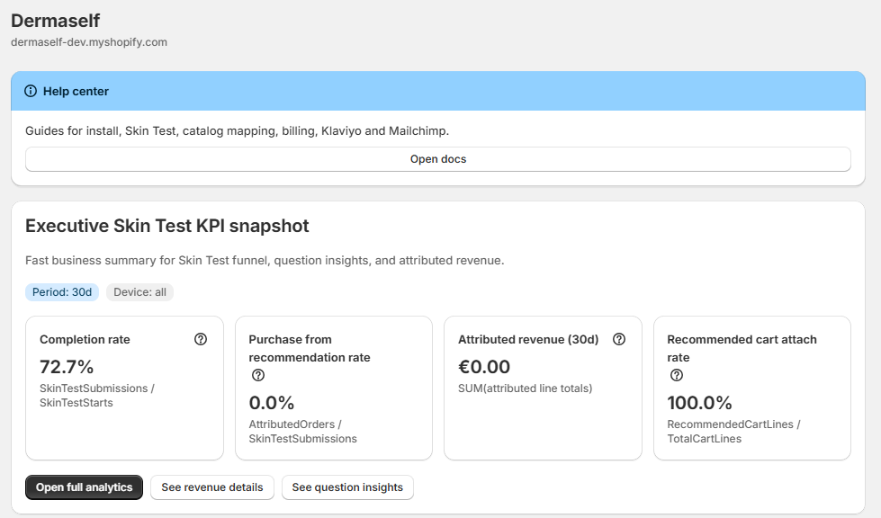 Home page with the Skin Test KPIs