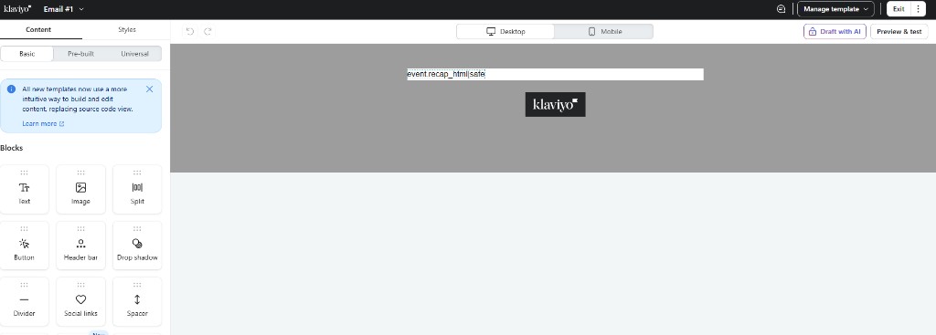 Editor email Klaviyo con placeholder recap HTML