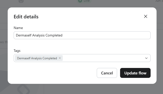 Modal Edit details del flow Dermaself Analysis Completed