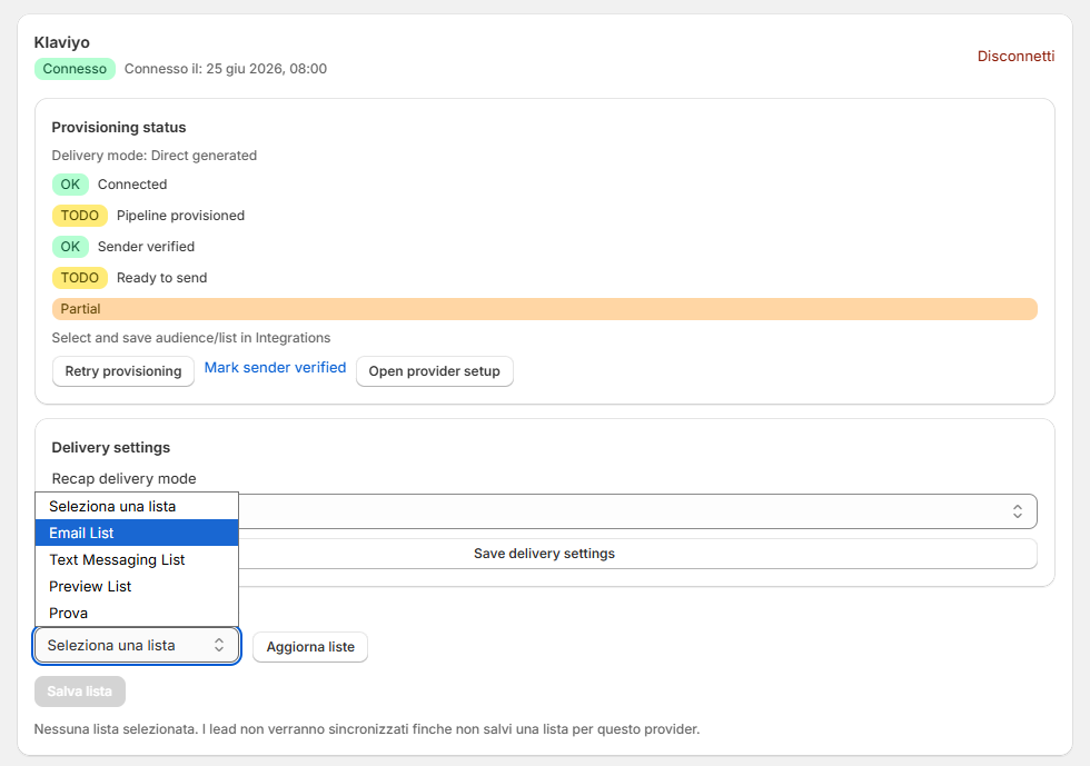 Dropdown liste Klaviyo con Email List selezionata