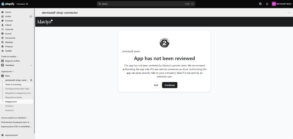Avviso Klaviyo App has not been reviewed