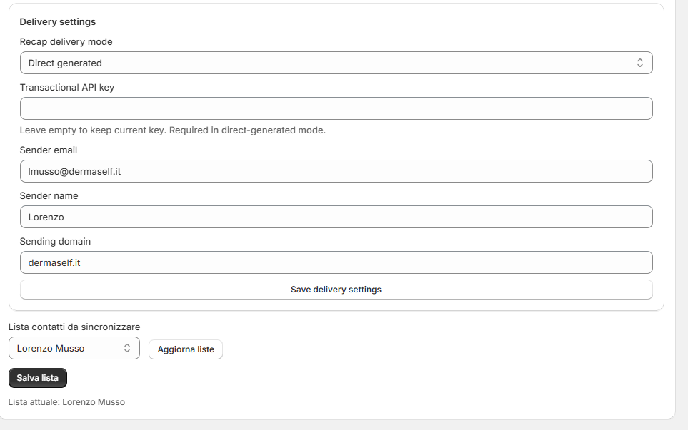 Delivery settings Mailchimp con sender e dominio