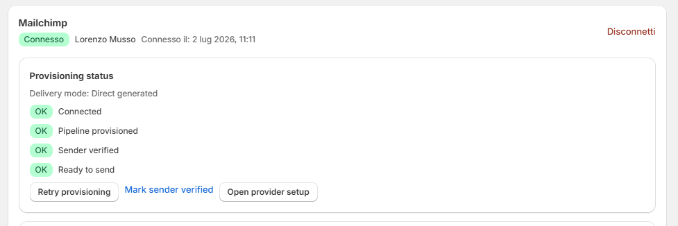 Scheda Mailchimp Ready to send