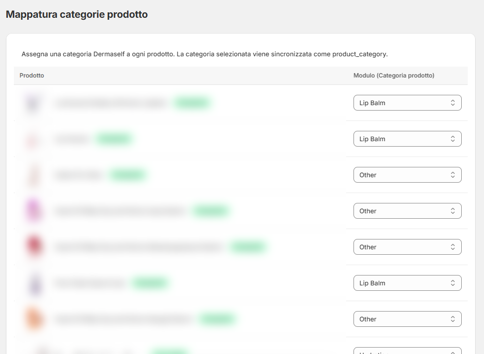 Tabella Mappatura categorie prodotto con un modulo per prodotto