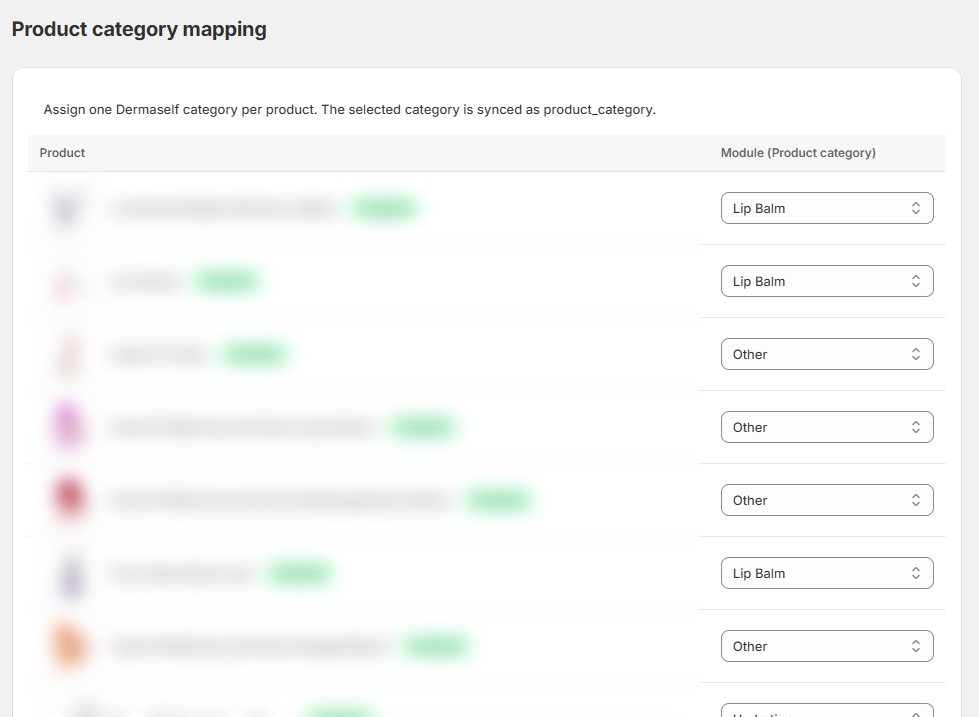 Product Category Mapping table with a module per product