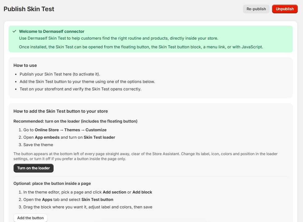Publish page after publishing, with Unpublish, Re-publish, Turn on the loader and Add the button
