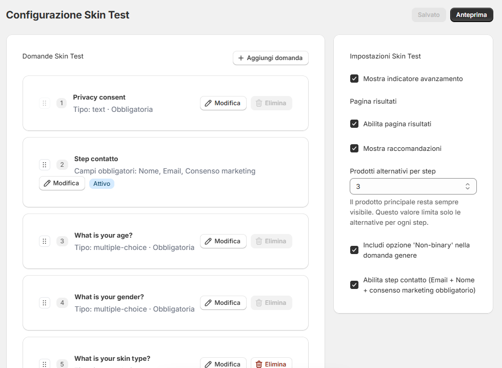 Configurazione Skin Test con elenco domande, impostazioni e anteprima