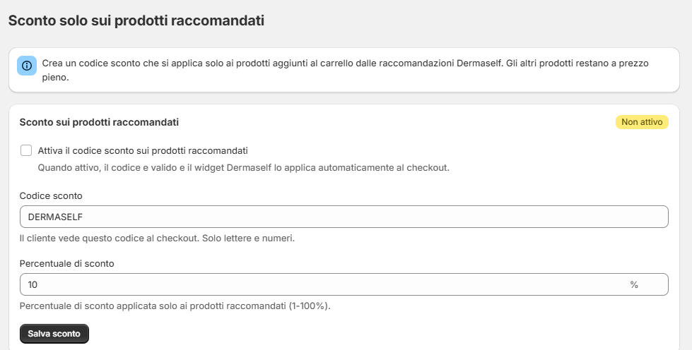 Pagina Sconto raccomandati con codice e percentuale