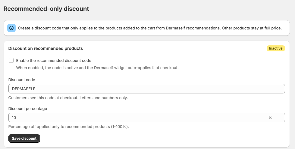 Recommended Discount page with code and percentage