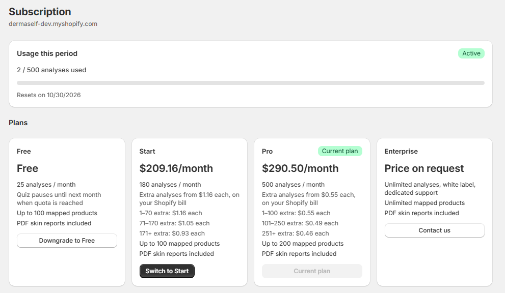 Subscription page with the usage card and the Free, Start, Pro and Enterprise plans