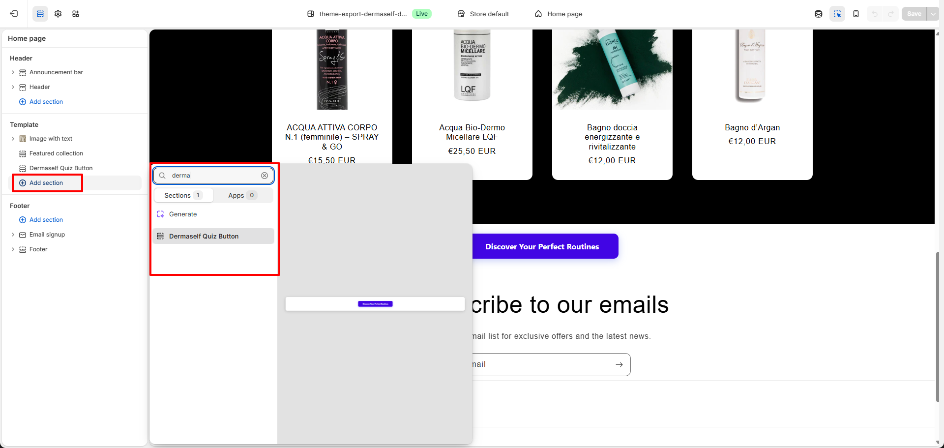 Aggiungi sezione Dermaself Quiz Button nell’editor del tema