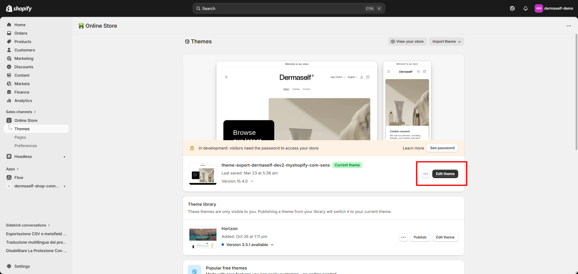 Pulsante Edit theme evidenziato nella pagina Temi